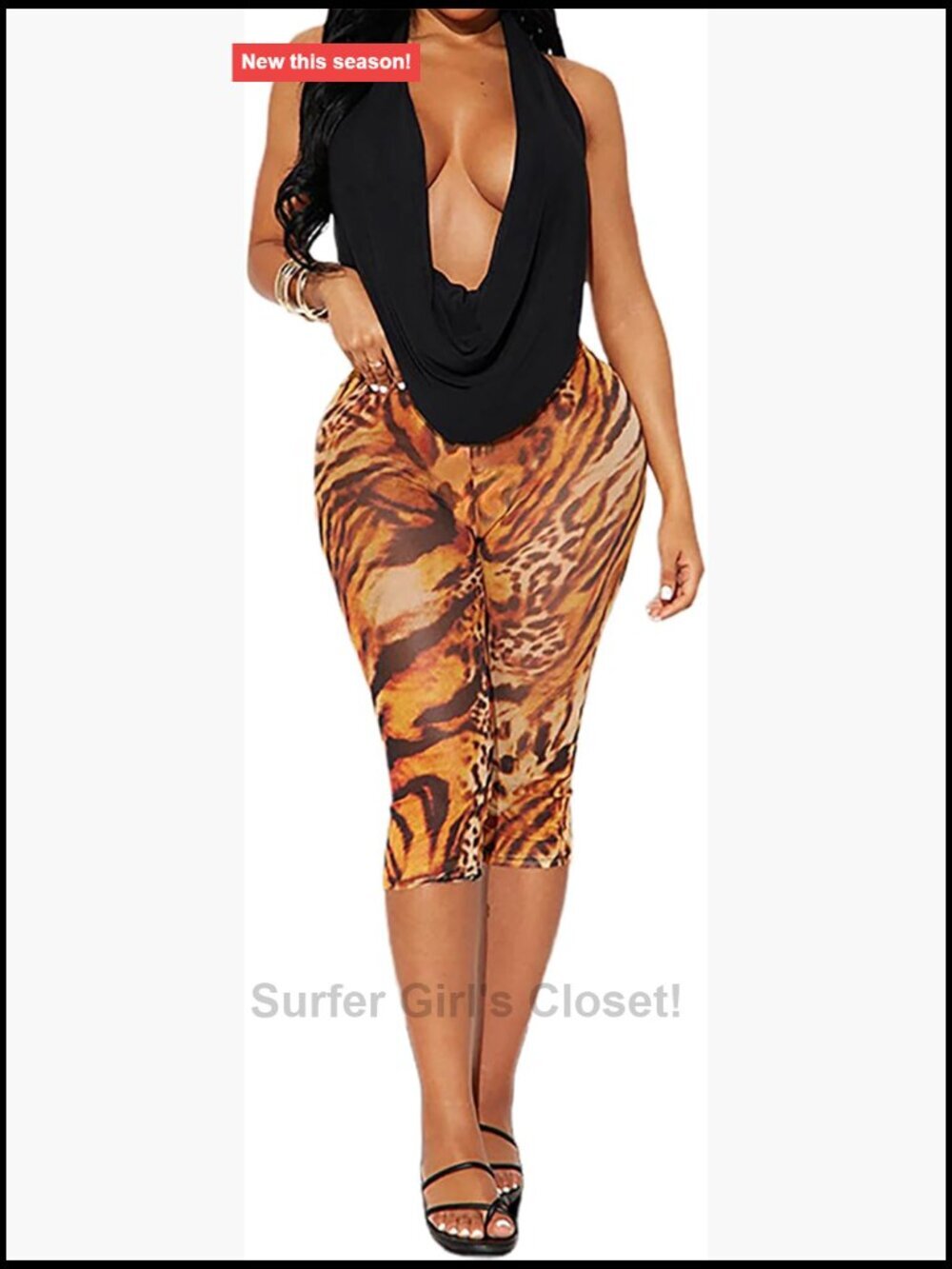 Sexy 2 Piece Outfits Backless Halter Top and Leopard Capri Pants Club Sets
